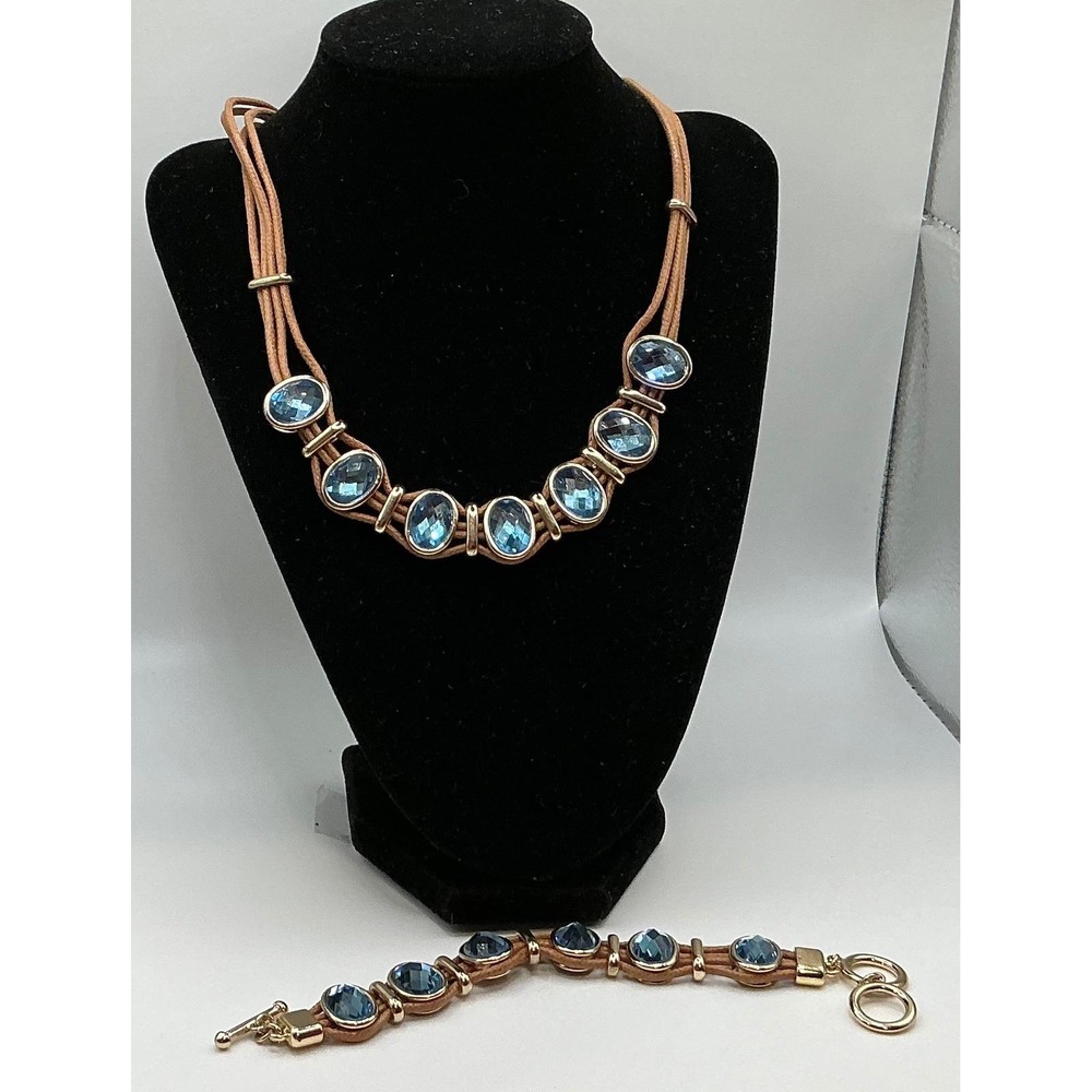 St‎ Thomas Gold Tone Blue Gem Demi Parure Tan Cord Leather Style